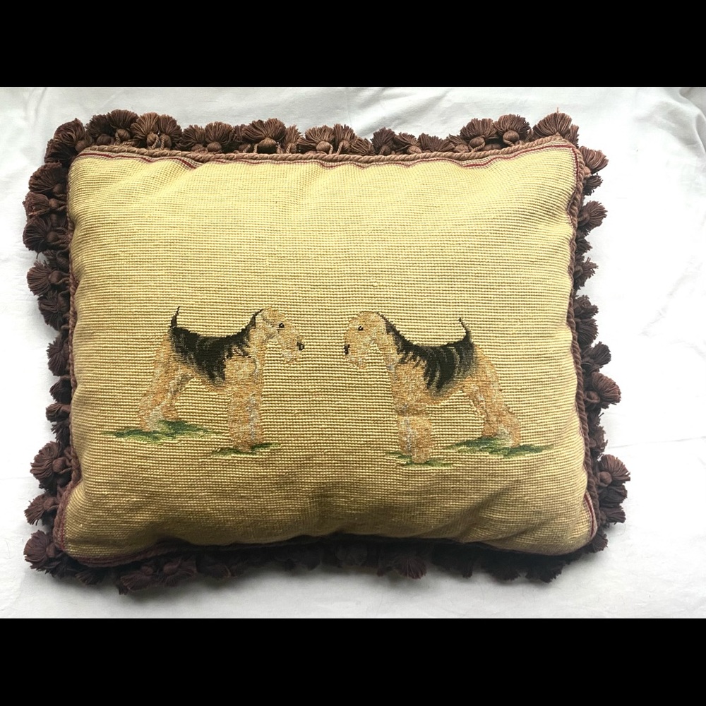 Vintage Airedale terrier dog needlepoint petit point pillow tassel rectangle